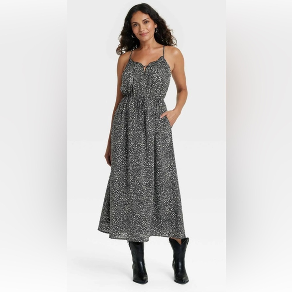 Womens Smocked Midi Sundress Universal Thread Black Cream M Maxi Pockets